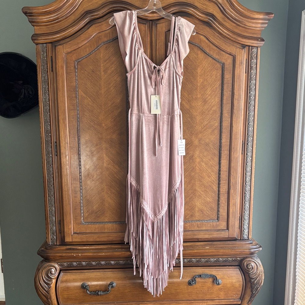 Joyfolie Blush Pink Midi Dress with Fringe NWT sz XXS.